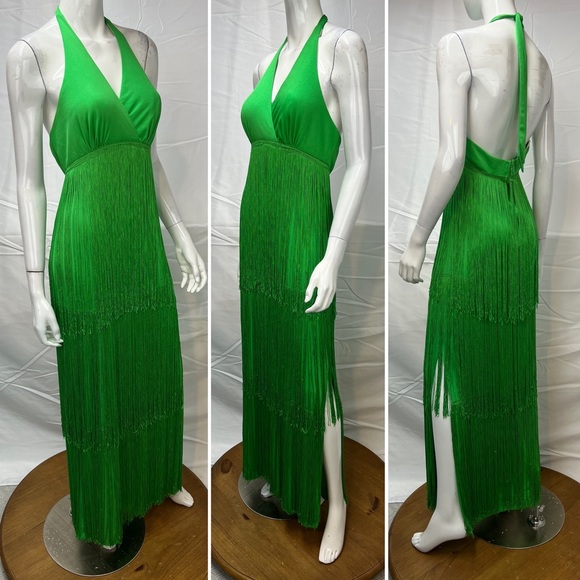❌SOLD❌Vintage 70s Green Tassel Fringe Tiered Long Maxi Flapper Gown Dress - Picture 7 of 9